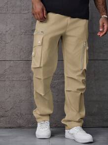 Manfinity Homme Plus Size Men's Casual Solid Color Drawstring Waist Cargo Pants - Khaki - View 1