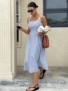 Siren Gaze Women's Summer 100% Cotton Blue Striped Square Neck Sleeveless Long Dress Daily Commuter Wear    Dresses For Women  Summer Outfits For Women  Beach Outfits For Woman  Vacation Outfits Woman  Western Wear Women    Work Summer Dresses Woman S Summer Clothes