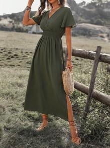 SHEIN PETITE Robe de plage bohème à taille froncée pour femme pour le printemps/été, robe casual pour les trajets, ourlet asymétrique évasé, fentes latérales, manches évasées