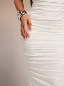 Vixey Solid Mesh Ruched Back Slit Midi Dress, White Graduation Dress, White Dress, Tea Party Dress - White - View 6