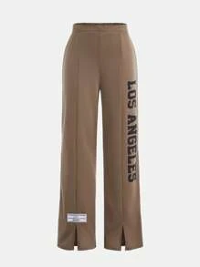 SHEIN Girlism 2pcs/Set Tween Girls Loose Casual Letter Print Woven Label Decor Wide Leg Pants Outfit - Khaki - View 5