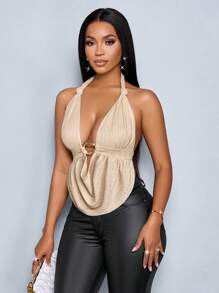 SOLERSUN 春夏女装休闲度假杏色深V领露背吊带衫，前中金属扣，褶皱肩带，扭结弧形下摆，露背针织纹理面料上衣 - 杏色 - 查看 4