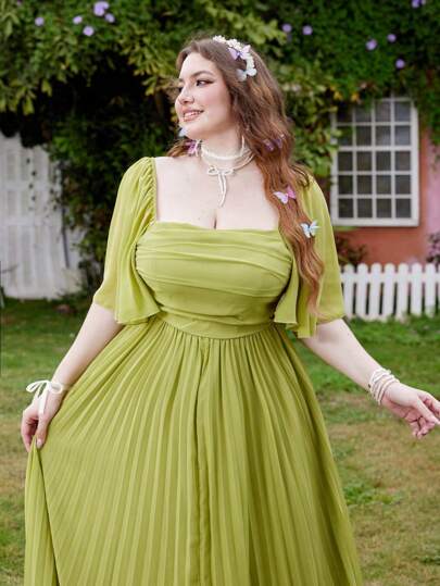 Lyrianda Solid Color Chiffon Pleated Short Sleeve Maxi Dress