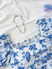 SHEIN Teen Girls Clothing New Design Square Collar Puff Sleeve Cinched Waist Ruffle Hem Ditsy Ditsy Floral Casual Elegant Blouse