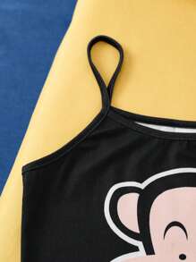 Paul Frank X SHEIN Tween Girl Cute Black Cartoon Pattern Cami Top And Red Casual Shorts Pajama Set, Summer - Multicolor - View 8