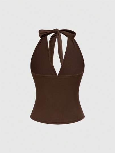 Hippie Top tipo halter sin mangas con cuello de lazo, de color café, con bordado floral y escote bajo, para mujer, ideal para verano y vacaciones