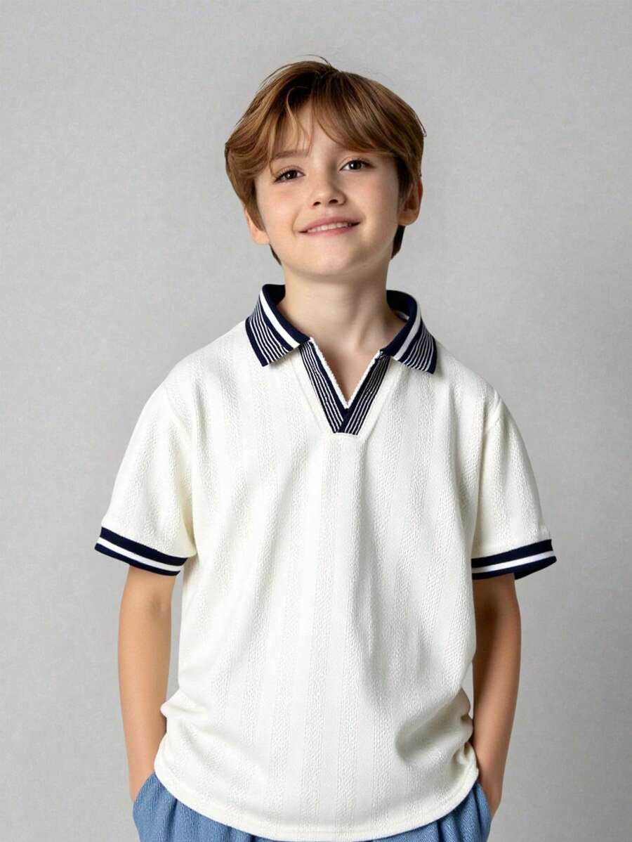 SHEIN Leap Crew Tween Boys' Loose Casual Ribbed Collar Short Sleeve Half Placket Relaxed Comfortable Polo Shirt - White - View 1