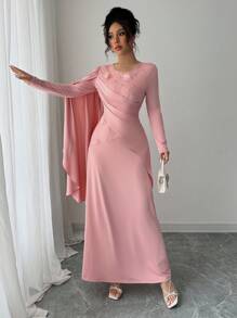 Modelyn Abito lungo con maniche lunghe, vita asimmetrica, frange e toppe in rete ricamata per le donne