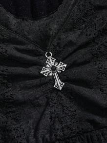 ROMWE Gothic Moon Embroidered Lace Short Black Dress For Women - Black - View 3