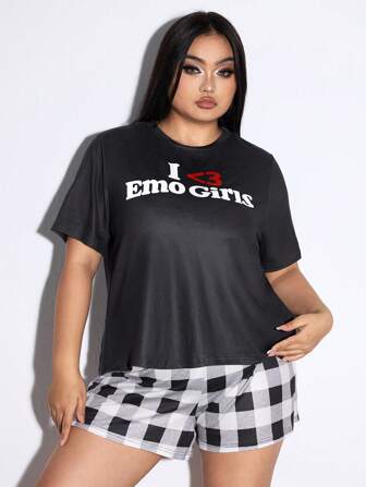 Kawaii Conjunto de ropa de estar en casa informal de talla grande con estampado a cuadros y estilo inglés, para el verano