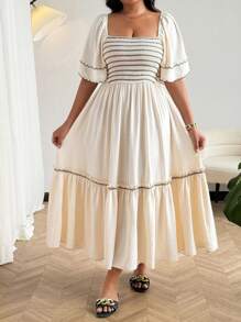 Vionelle Plus Size Square Neck Boho Beach Vacation Black Contrast Embroidery Ruffle Hem Dress - Apricot - View 4