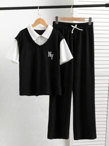 2pcs/Set Teen Boy Classic Black & White Color Teens Boys 2 In 1 White Shirt Vest Tee + Elastic Waist Casual Pants Outfit