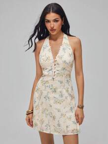 Roylia Damen V-Ausschnitt Blumenmuster geschichtetes Volant Saum Strandurlaubs Kleid