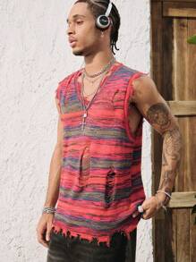 ROMWE MEN Men's Gradient Distressed V-Neck Sleeveless Casual Top, Suitable For Everyday Wear Vacation - Red - View 1