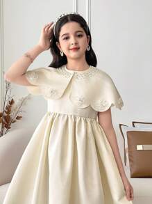 SHEIN Tween Girl Crew Neck Cape Pearl Beading Jacket & Elegant High Waist Long Dress 2Pcs Set, Sweet Princess Dress - Apricot - View 4