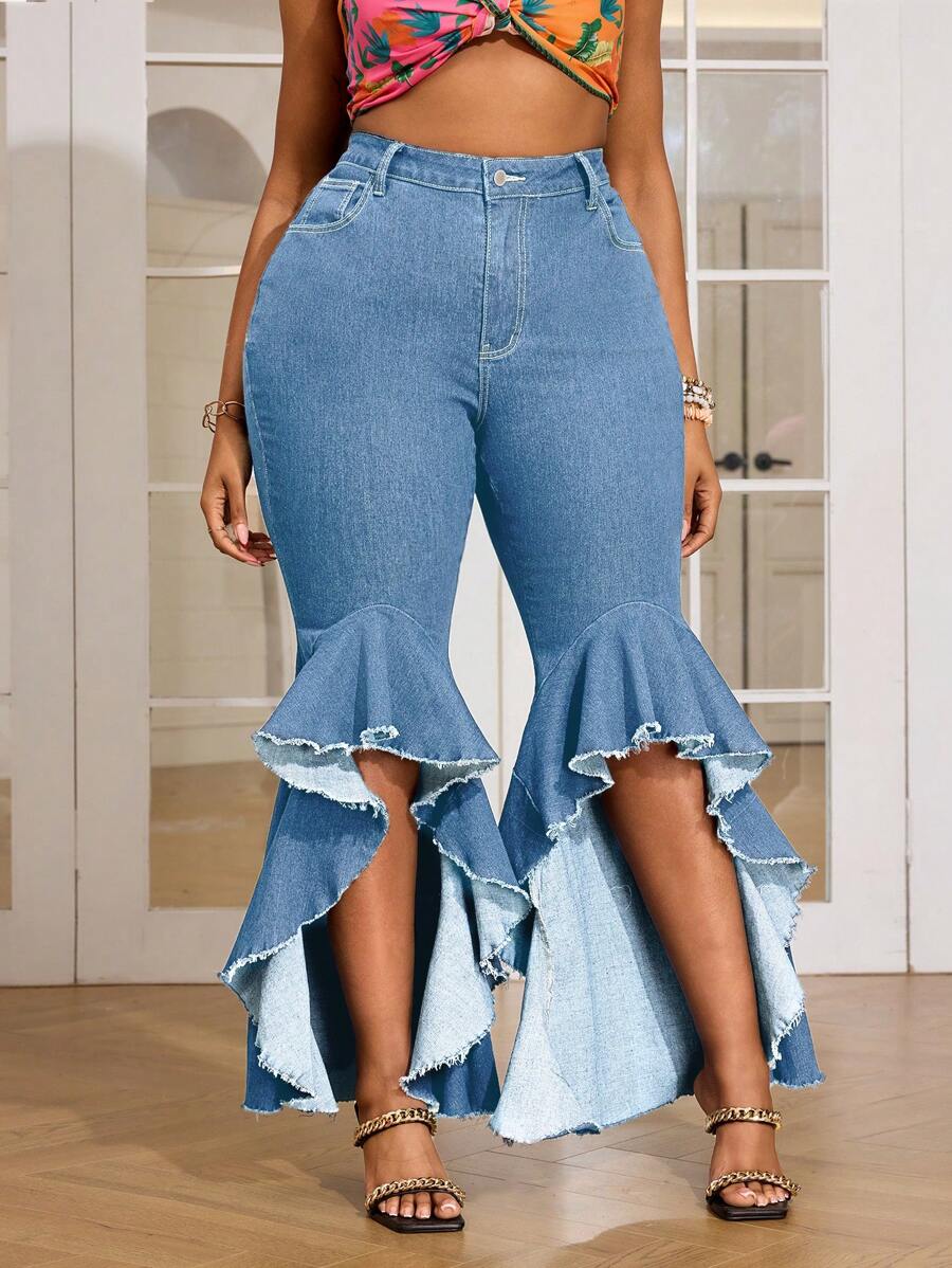 SHEIN SXY 女式大码荷叶边口袋喇叭裤时尚牛仔裤