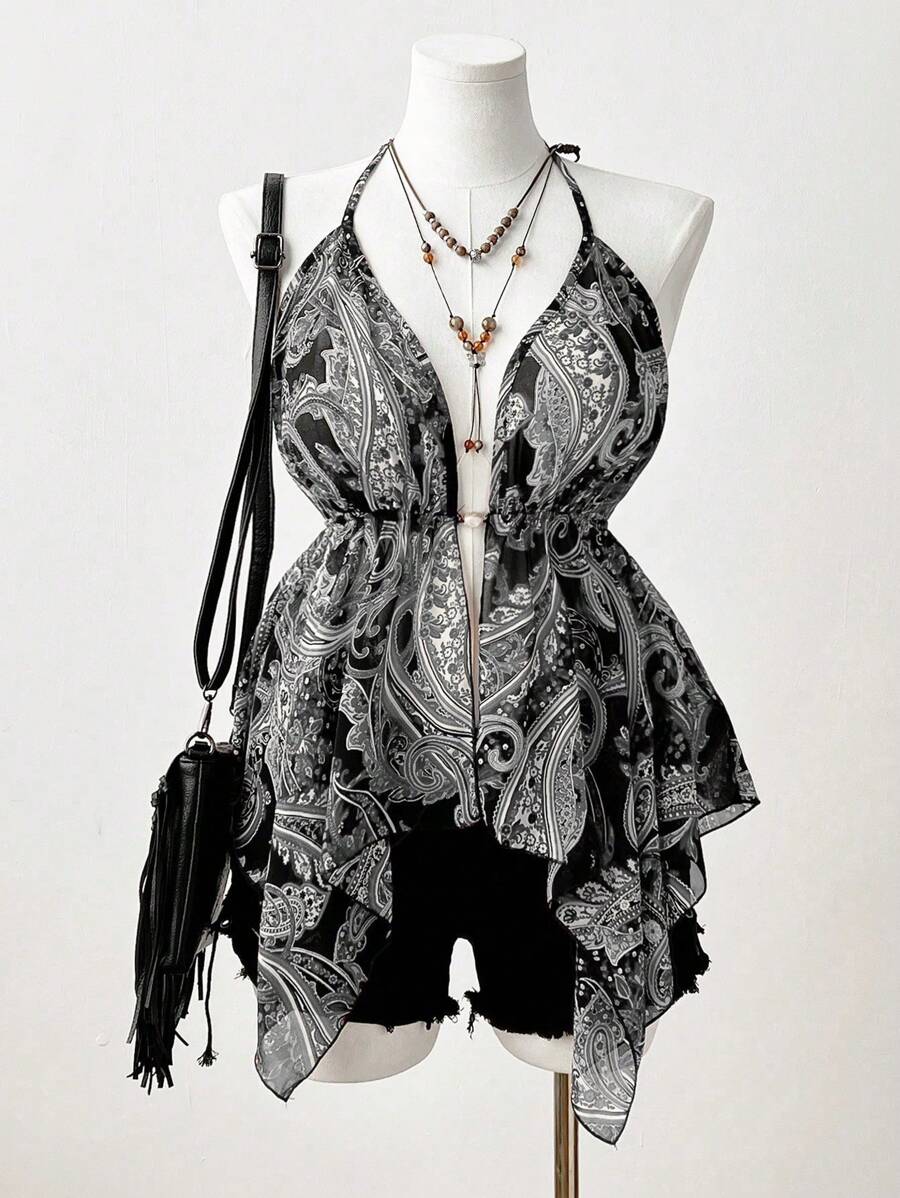 Sweetra New Design Sexy Sheer Beaded Patchwork Hollow Out Spaghetti Strap Backless Camisole For Women, Festival, Boho, Hippie, Cowgirl, Old Money Style  Vintage