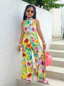 SHEIN Leap Crew Tween Girl Spring/Summer Floral Print Woven Halter Neck Sleeveless Straight Leg Jumpsuit, Suitable For Beach And Other Occasions, Mommy And Me Matching Outfits - Multicolor - View 2