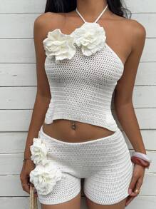 SHEIN EZwear 2件套女士套装：3D花卉装饰无袖针织上衣和针织短裤 - 杏色 - 查看 7