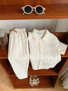 SHEIN 2 件儿童年轻男孩休闲百搭舒适波浪条纹翻领开领短袖衬衫短裤梭织两件套适合通勤上学日常休闲度假旅行适合运动适合春夏季 - 卡其色 - 查看 7