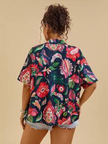 Travachic 大码休闲彩色热带印花宽松短袖衬衫 - 藏蓝色 - 查看 2