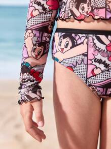 Astro Boy X SHEIN 青少年女孩拼色细肩带比基尼套装，含卡通印花长袖上衣 - 彩色 - 查看 6