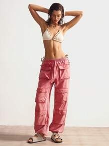 Bohemela Pantalones largos de mujer con bolsillos de punto de unicolor, decorados con cordón en el bajo, informales para el Día de la Independencia, Graduación - Rojo - Ver 7