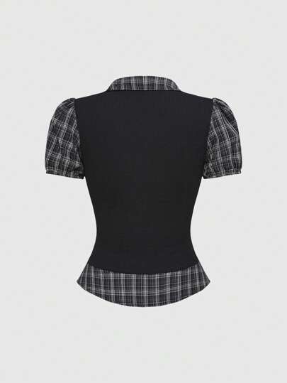 Goth Vintage Gothic Plaid Patchwork 2 In 1 Women Shirt Top, Back To School Summer Outfits