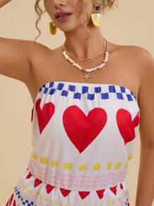 Travachic Plus Size Heart Print Casual Vacation Strapless Jumpsuit  Tropical Flowers Tropical Vacation Woman Clothes Beach Outfits For Woman Rompers - Multicolor - View 4