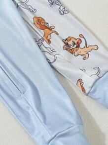 SHEIN 2pcs/Set Newborn Baby Boy Lion Print Long Sleeve Jumpsuit & Long Pants Tight Fit Sleepwear Loungewear, Spring/Summer - Multicolor - View 6