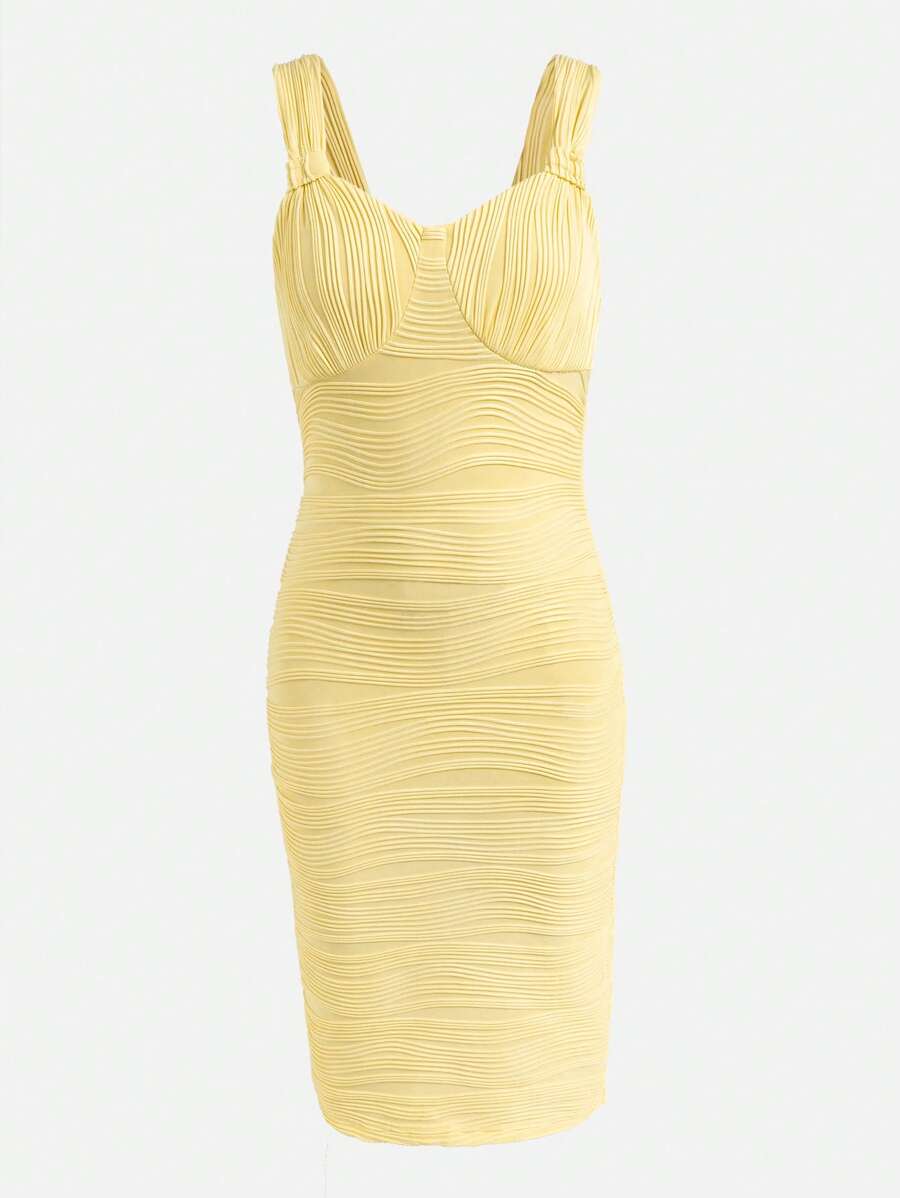 少女纯色纹理修身吊带连衣裙 - 黃色 - 查看 1