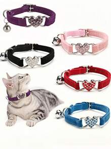 1pc Pet Collar With Rhinestone Heart & Bell Decoration, Cat Collar - Multicolor - View 1
