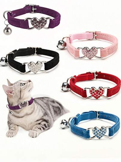 1pc Pet Collar With Rhinestone Heart & Bell Decoration, Cat Collar