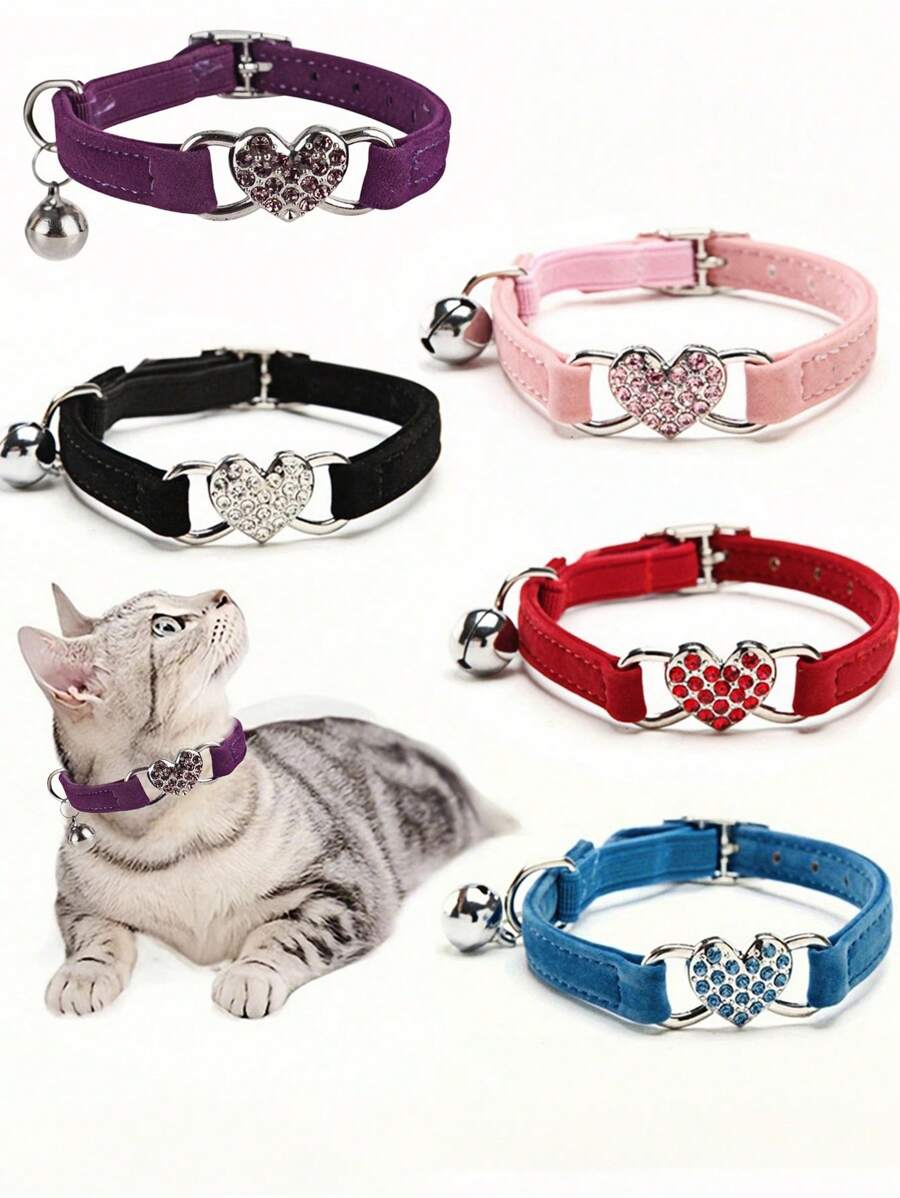 1pc Pet Collar With Rhinestone Heart & Bell Decoration, Cat Collar - Multicolor - View 1