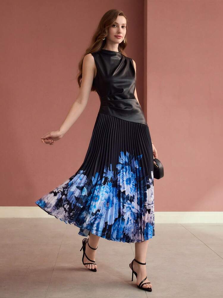 CONTRAST PLEATED SLEEVELESS DRESS