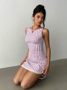 Aloruh 女式春夏格子印花圆领无袖撞色蕾丝修身迷你连衣裙 - 淡紫色 - 查看 7