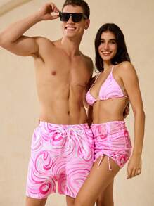 Manfinity VDAYZ Men's Summer Tie Dye Print Drawstring Waist Beach Shorts - Baby Pink - View 6