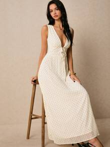 Poéselle Women's Summer Casual Polka Dot Print Tie Front V-Neck Dress,Business Casual Woman Business Women Attire