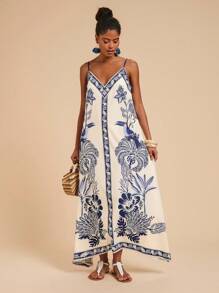 Travachic Women's Midi Length Sleeveless Dress, Fashionable For Summer,Tropical Print  Dress,Vacation Outfits Woman,Concert Outfit Women,Tropical Vacation, Vacation,Bohemian Clothes