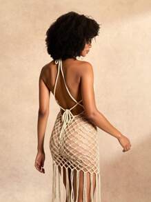 Slaydiva Robe fluide d'été en crochet sexy avec encolure en ras-du-cou pour femmes - Blanc - Voir 3