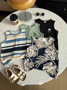 4pcs/Set Young Boy Summer Casual Versatile Comfortable Palm Tree,Leaf,Dinosaur Striped Print Round Neck Sleeveless Loose Knitted Top For School,Daily - Multicolor - View 5