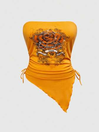 J-Fashion Y2K Abby Shibuyagal Plus Size Orange Vacation Rose Rhinestone Print Asymmetric Drawstring Hem Women Top, Plus Size