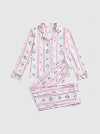 Kawaii Floral & Stripe Print Lapel Collar Long Sleeve Top & Pants Casual Women Pajama Set
