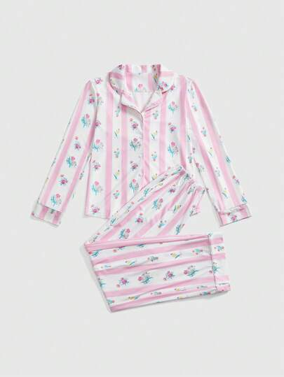 Kawaii Floral & Stripe Print Lapel Collar Long Sleeve Top & Pants Casual Women Pajama Set