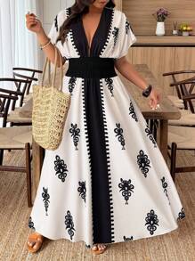 Weeklong Vestido de mujer de talla grande con cuello en V profundo, manga corta con volantes y estampado de vacaciones