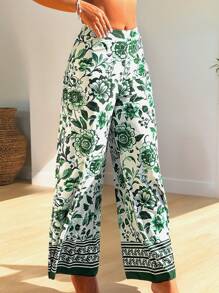 Swim Mulvari Spring Ramadan Burkini Set, Green Retro Print Placement High Waist Wide Leg Bikini Bottom