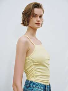 Lumivelle Women's Plain Color Ruched Asymmetrical Collar Elegant Top, Summer - Yellow - View 6