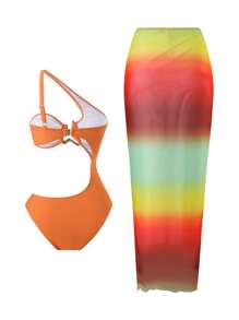 Swim Oasis Orange 2-Piece Beach Resort Swimsuit Set For Women:Hollow Out Shoulder Mesh Cover Up Long Skirt & Random Print Swimwear,Summer,Casual,Vacation,Holiday - Multicolor - View 2