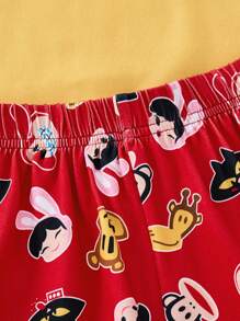 Paul Frank X SHEIN Tween Girl Cute Black Cartoon Pattern Cami Top And Red Casual Shorts Pajama Set, Summer - Multicolor - View 5