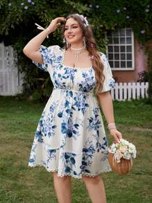 Flirla 大码钻石图案印花松紧腰拼布荷叶边下摆短袖连衣裙